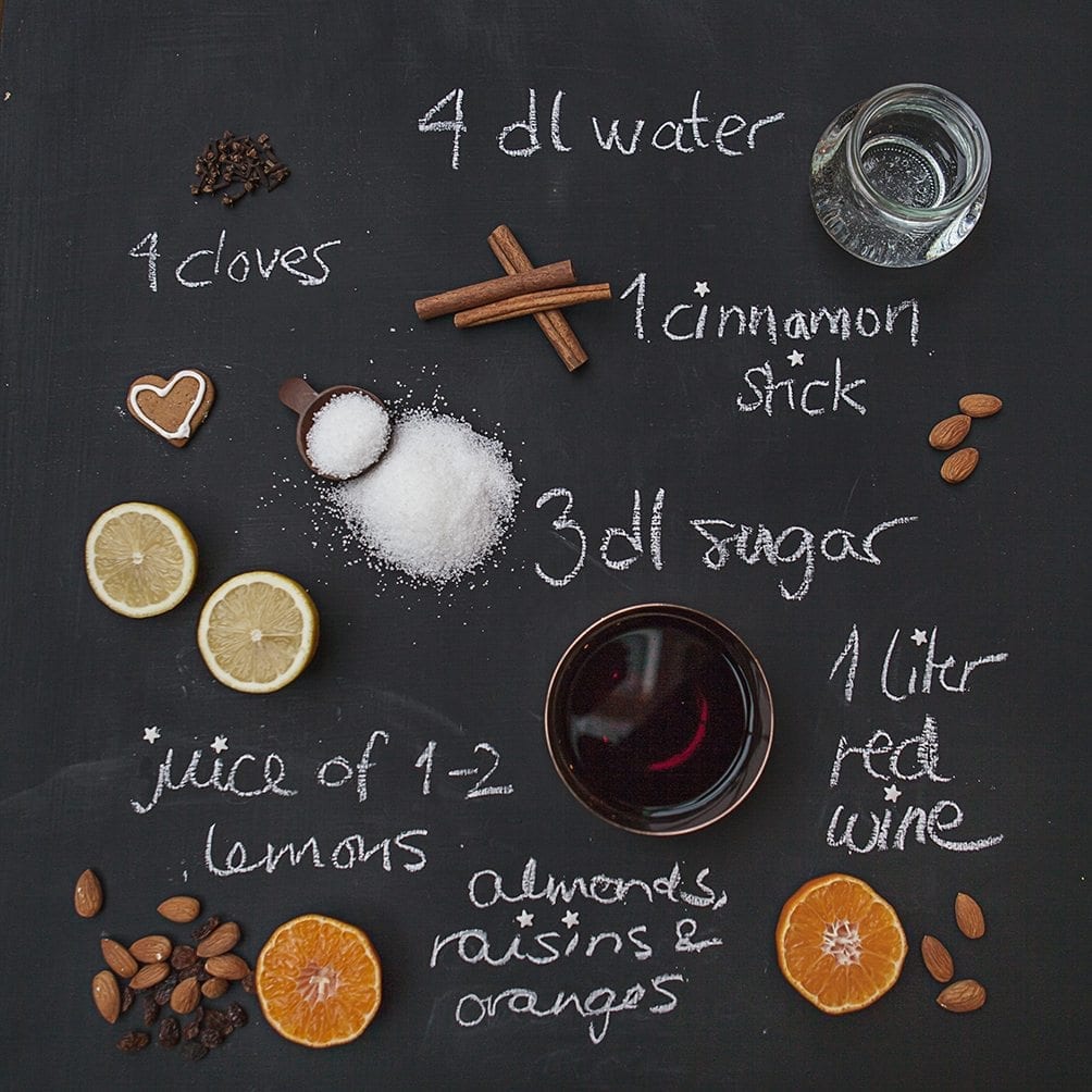 flat-lay black board with text and the ingredients for Norwegian mulled wine recipe