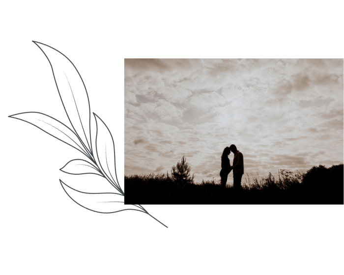 Een zwart-witfoto van een kussend stel in een veld, gebruikt in een HOME-schuifregelaar.