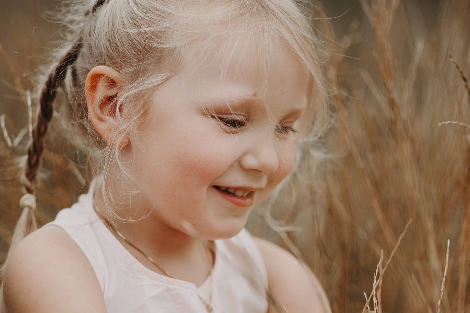 Gezinsfotoshoot buiten met een klein meisje in een veld met hoog gras.